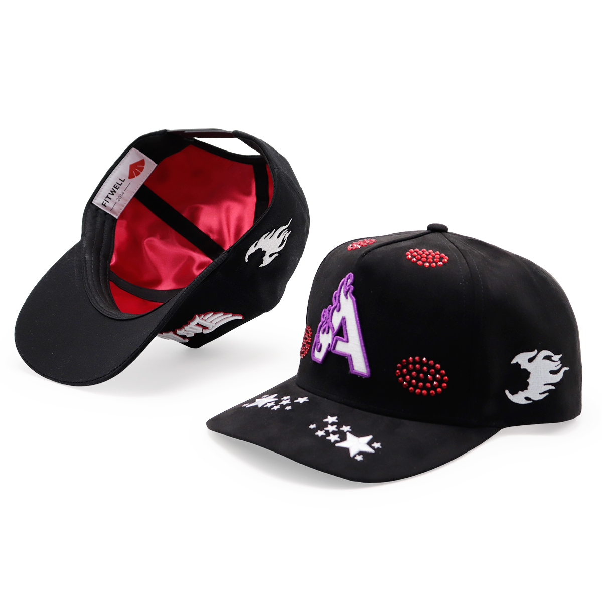 3D Embroidery Logo Black Baseball Caps, Flame & Star Pattern, Adjustable Unisex Hip-hop Cap (Los Angeles / Fitwell / A Letter)