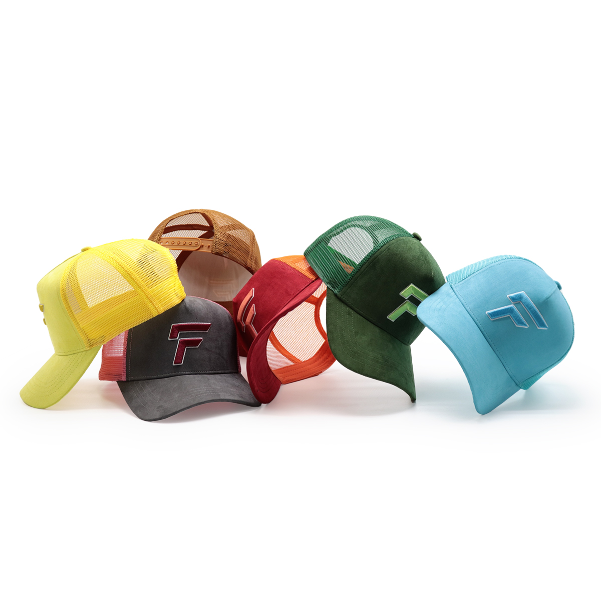 3D Embroidered Suede Mesh Trucker Cap – Multicolor, Raised Logo, Adjustable Snapback, Unisex Streetwear