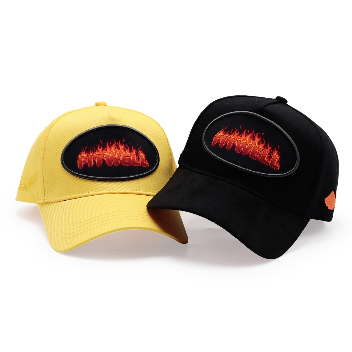FITWELL Flame Embroidered Baseball Cap, 6-Panel Snapback Hat, Yellow & Black, Unisex Streetwear