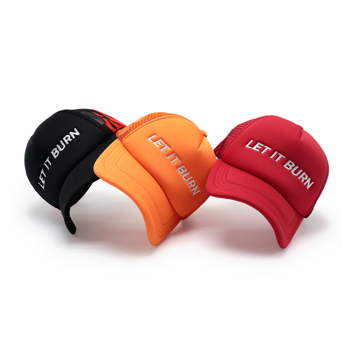 LET IT BURN Embroidered Trucker Hat – Black Flame Mesh Cap & Red Snapback Cap, Statement Baseball Hat, Unisex Adjustable