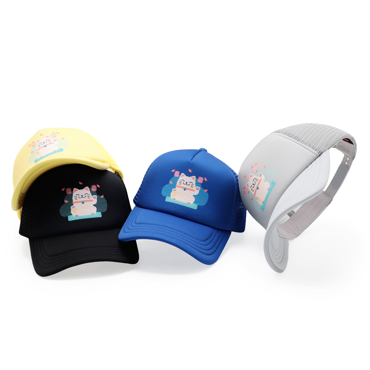 Cute Lucky Cat Print Mesh Trucker Cap – Colorful Cartoon Snapback Hat