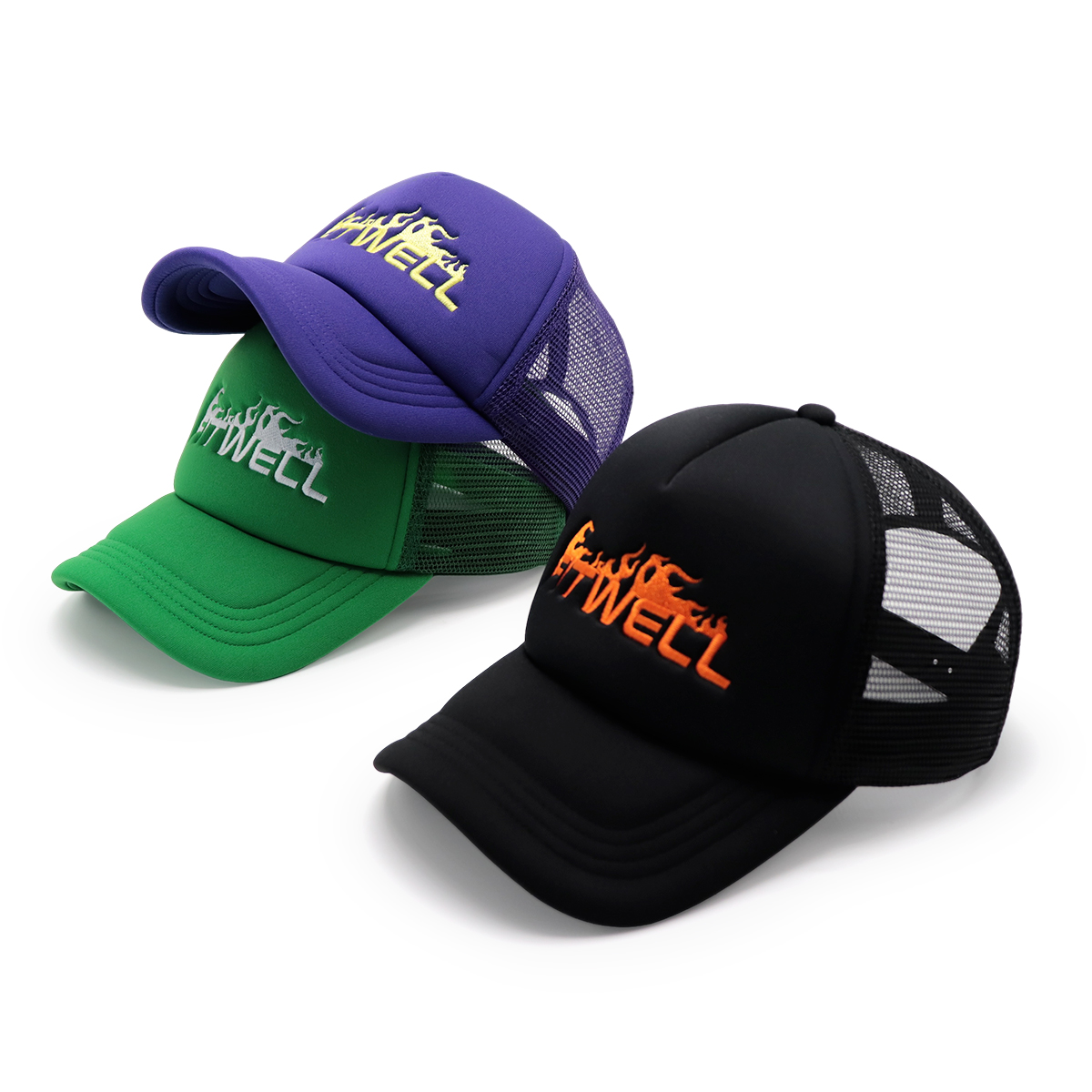 Fitwell Flame Embroidery Trucker Cap Adjustable Mesh Baseball Hat for Men and Women