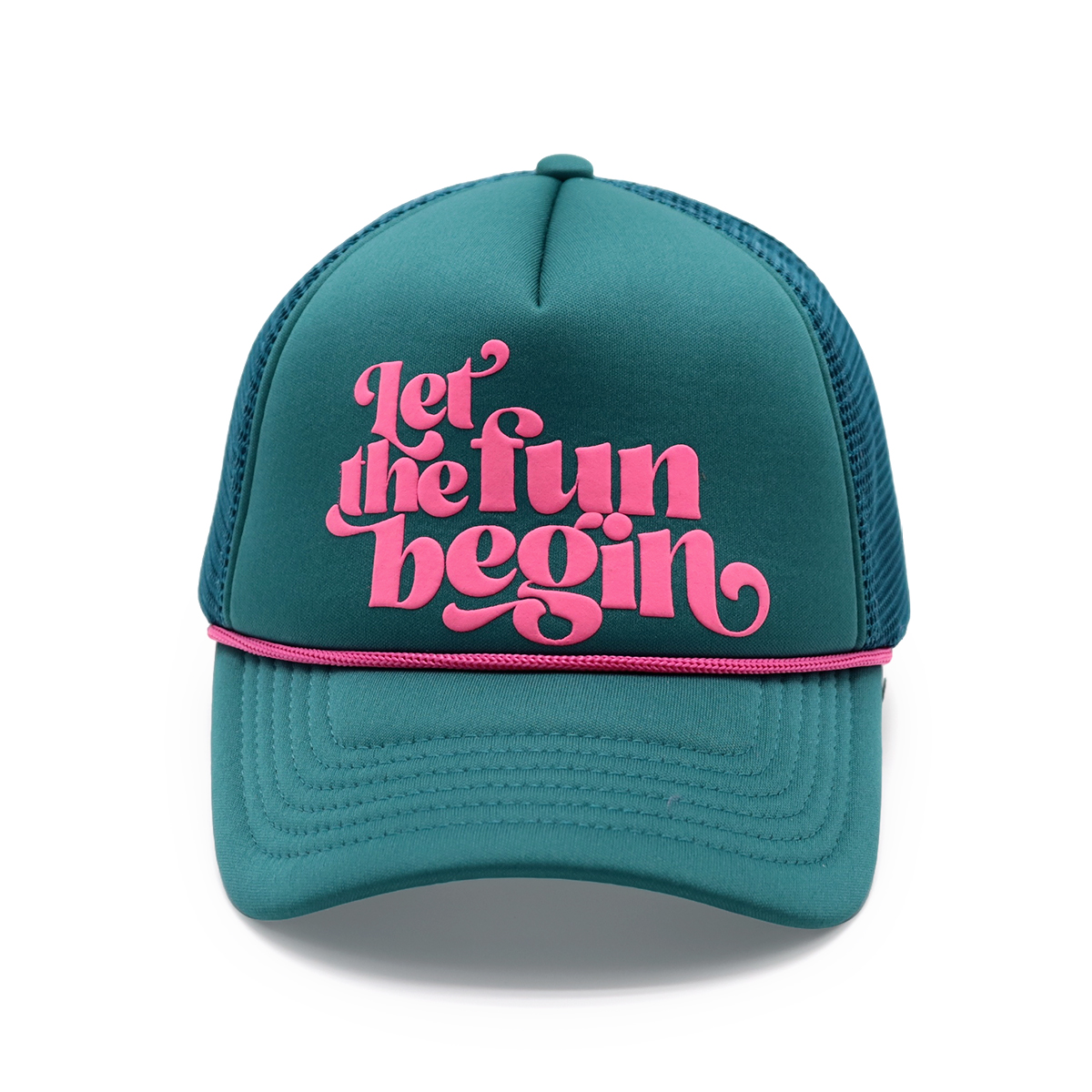 Green Trucker Hat with Puff Print “Let the fun begin” Logo – Retro Mesh Snapback Cap