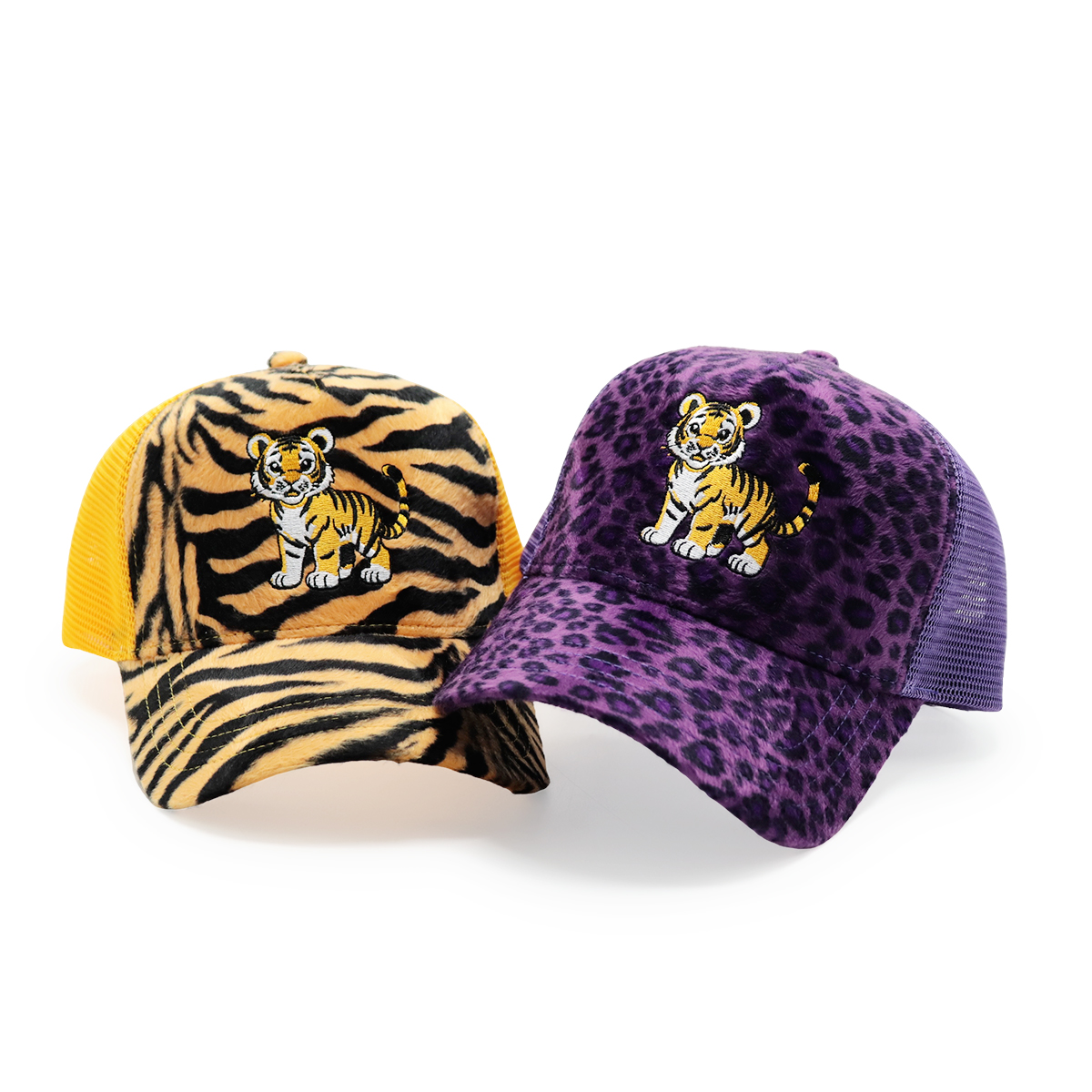 Velvet Animal Pattern Mesh Trucker Hat with Embroidered Tiger Logo