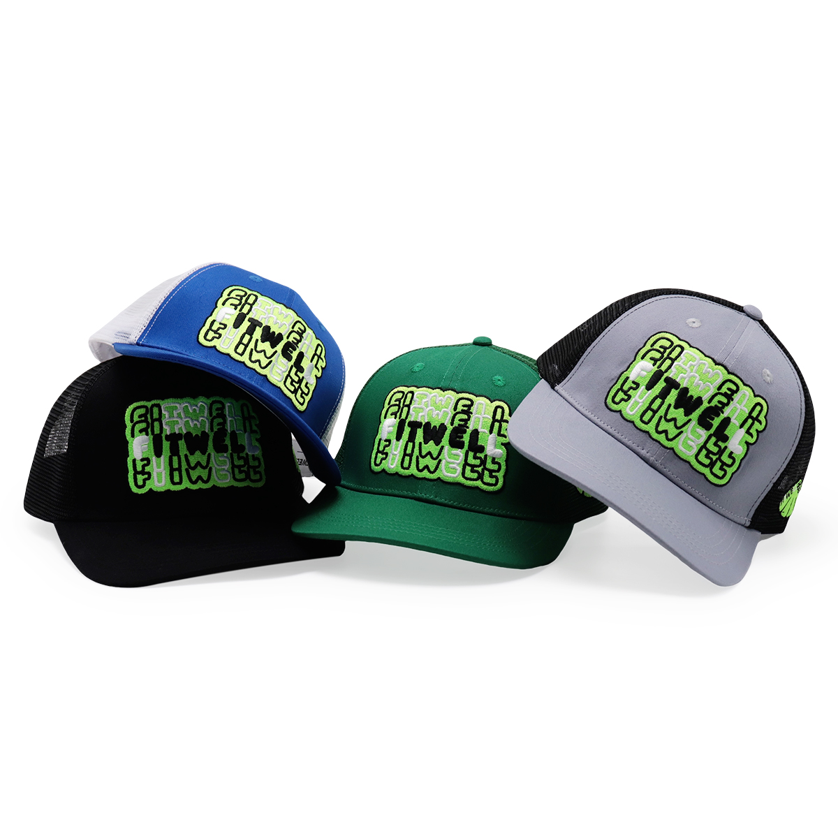 FITWELL Graphic Mesh Trucker Cap – Colorful Adjustable Baseball Hat with Neon 3D Logo (Blue, Green, Black, Gray)