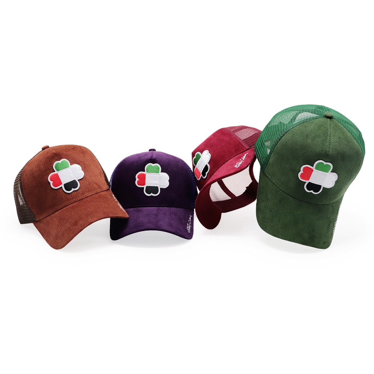 UAE Flag Clover Embroidered Corduroy Mesh Trucker Cap – Four-Leaf Lucky Baseball Hat