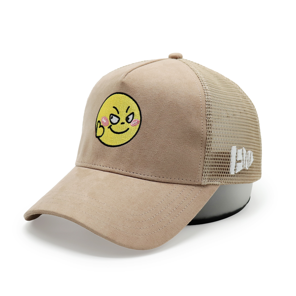 Custom Suede Embroidered Trucker Hats – Mesh Snapback Cap with Smiley Face