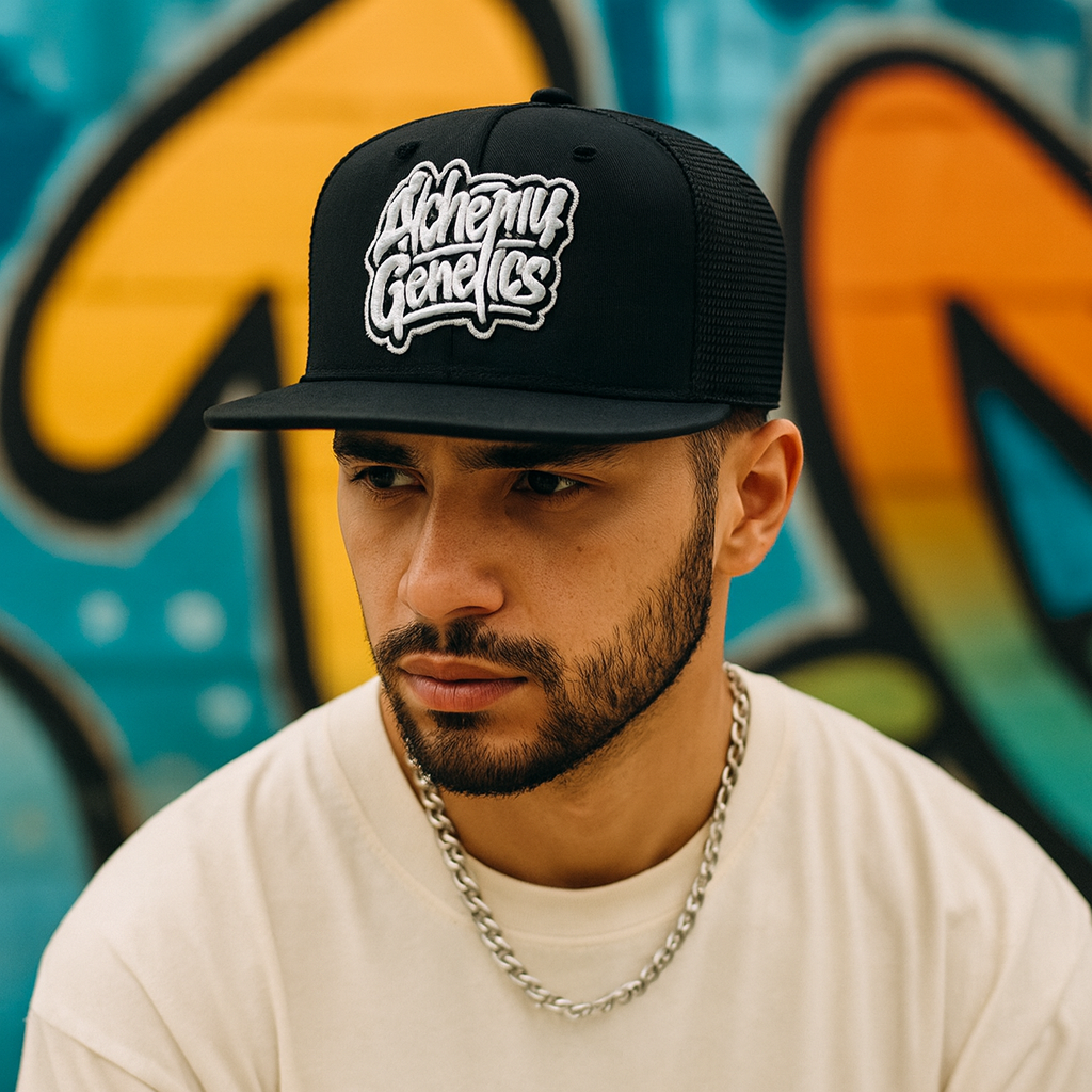Alchemy Genetics 3D Embroidered Flat Brim Trucker Hat – Unisex Mesh Snapback Cap