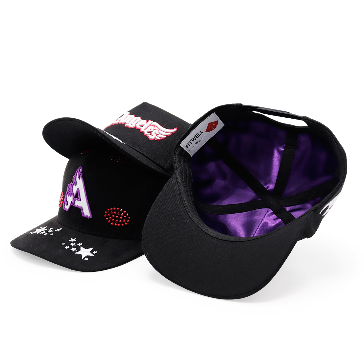 3D Embroidery Logo Black Baseball Caps, Flame & Star Pattern, Adjustable Unisex Hip-hop Cap (Los Angeles / Fitwell / A Letter)