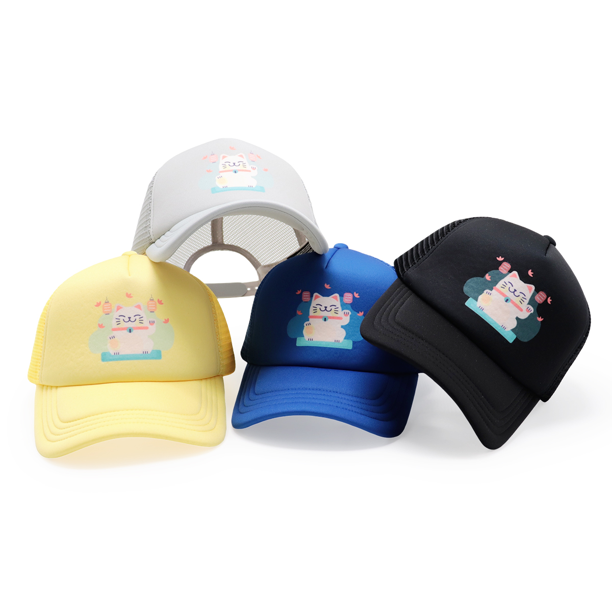 Cute Lucky Cat Print Mesh Trucker Cap – Colorful Cartoon Snapback Hat