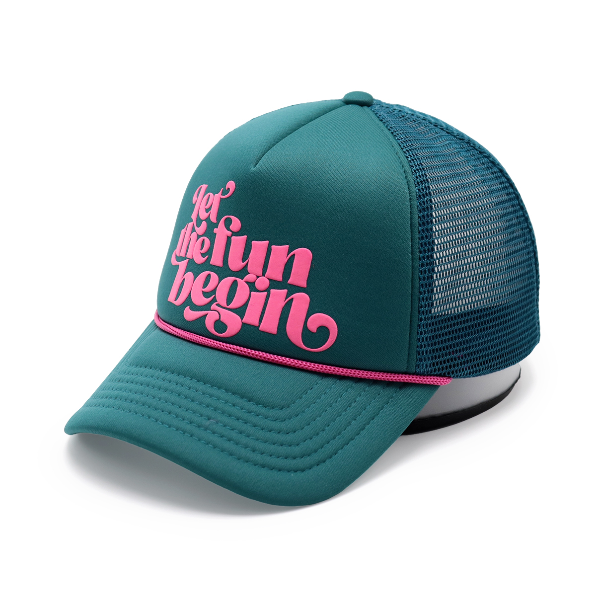 Green Trucker Hat with Puff Print “Let the fun begin” Logo – Retro Mesh Snapback Cap