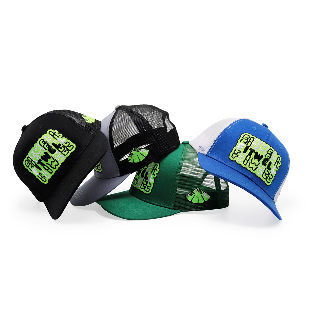 FITWELL Graphic Mesh Trucker Cap – Colorful Adjustable Baseball Hat with Neon 3D Logo (Blue, Green, Black, Gray)