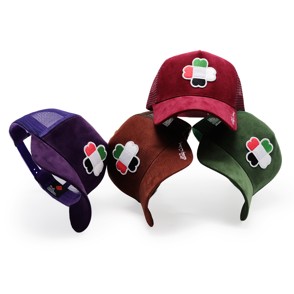 UAE Flag Clover Embroidered Corduroy Mesh Trucker Cap – Four-Leaf Lucky Baseball Hat