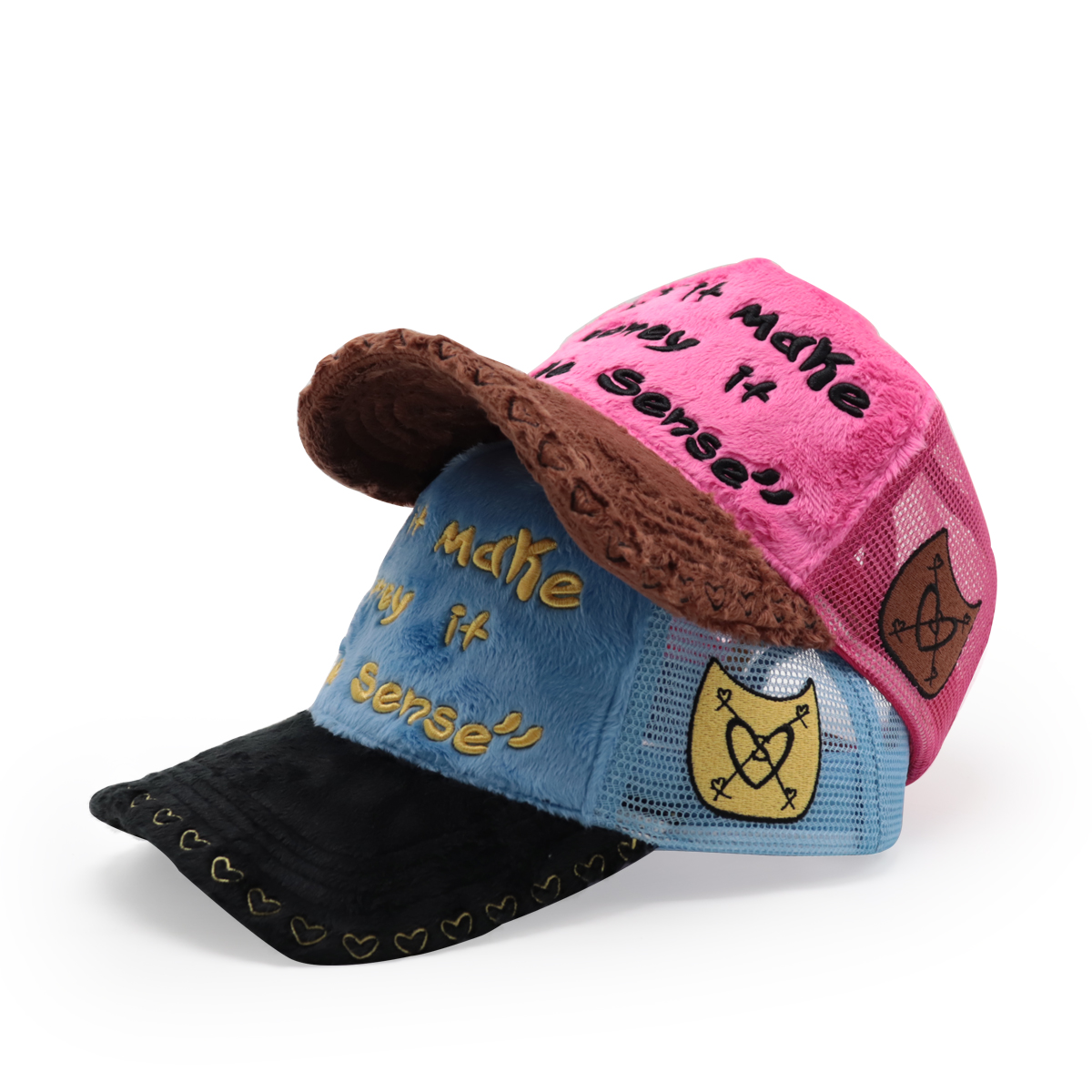 FITWELL Fuzzy Patchwork Trucker Hat – Embroidered Plush Mesh Baseball Cap