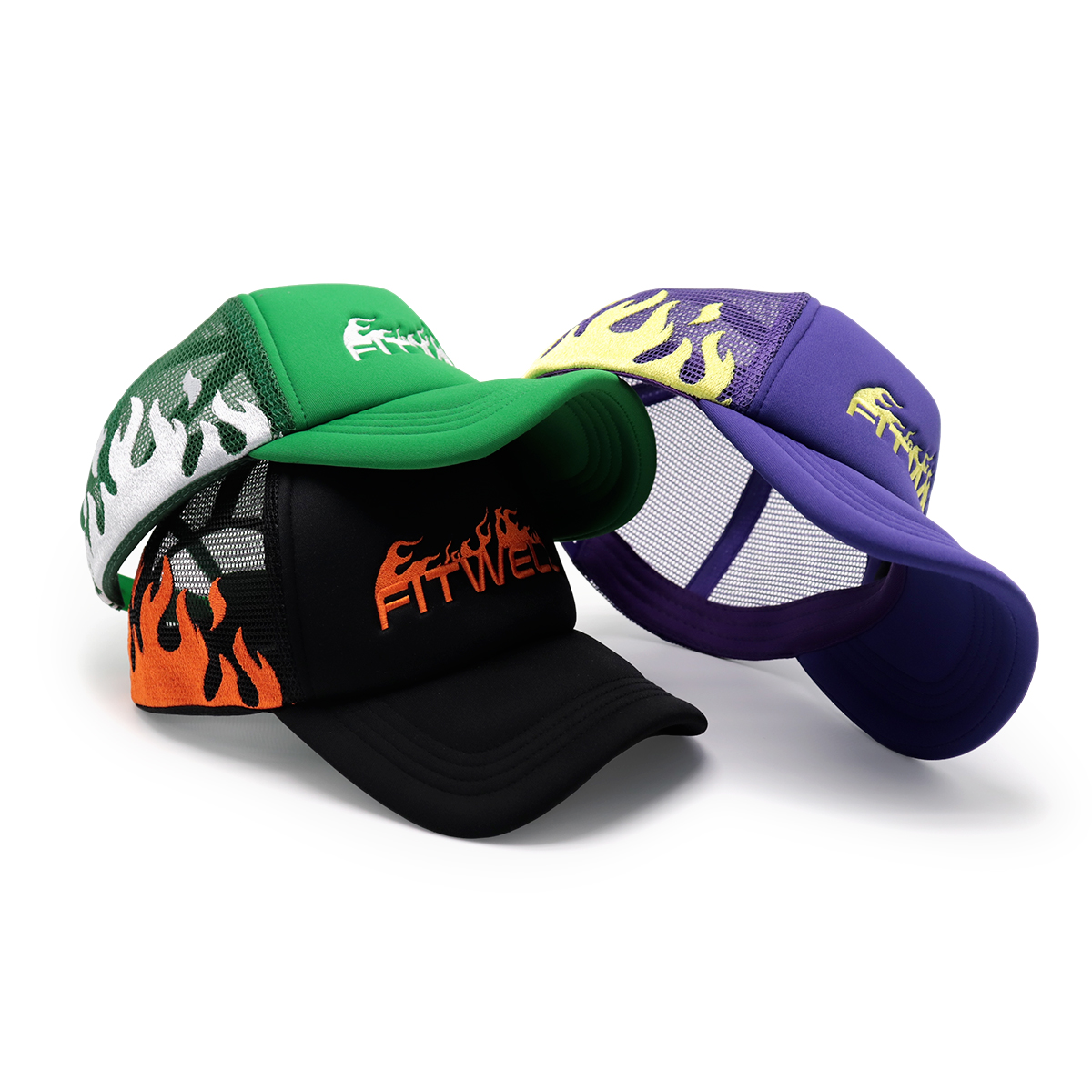 Fitwell Flame Embroidery Trucker Cap Adjustable Mesh Baseball Hat for Men and Women