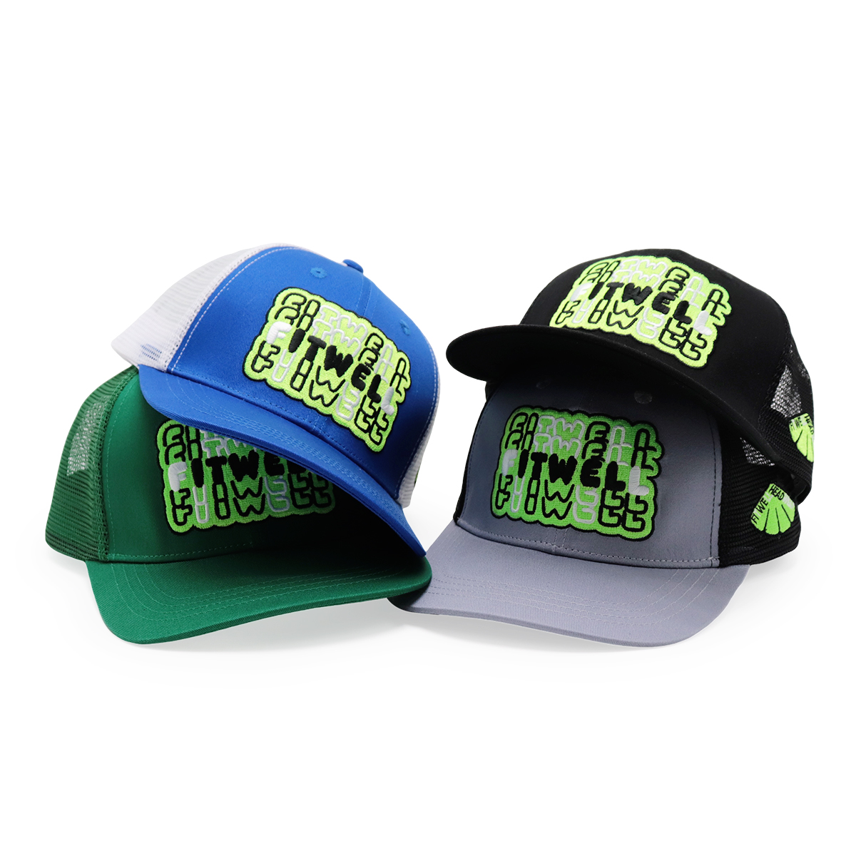 FITWELL Graphic Mesh Trucker Cap – Colorful Adjustable Baseball Hat with Neon 3D Logo (Blue, Green, Black, Gray)
