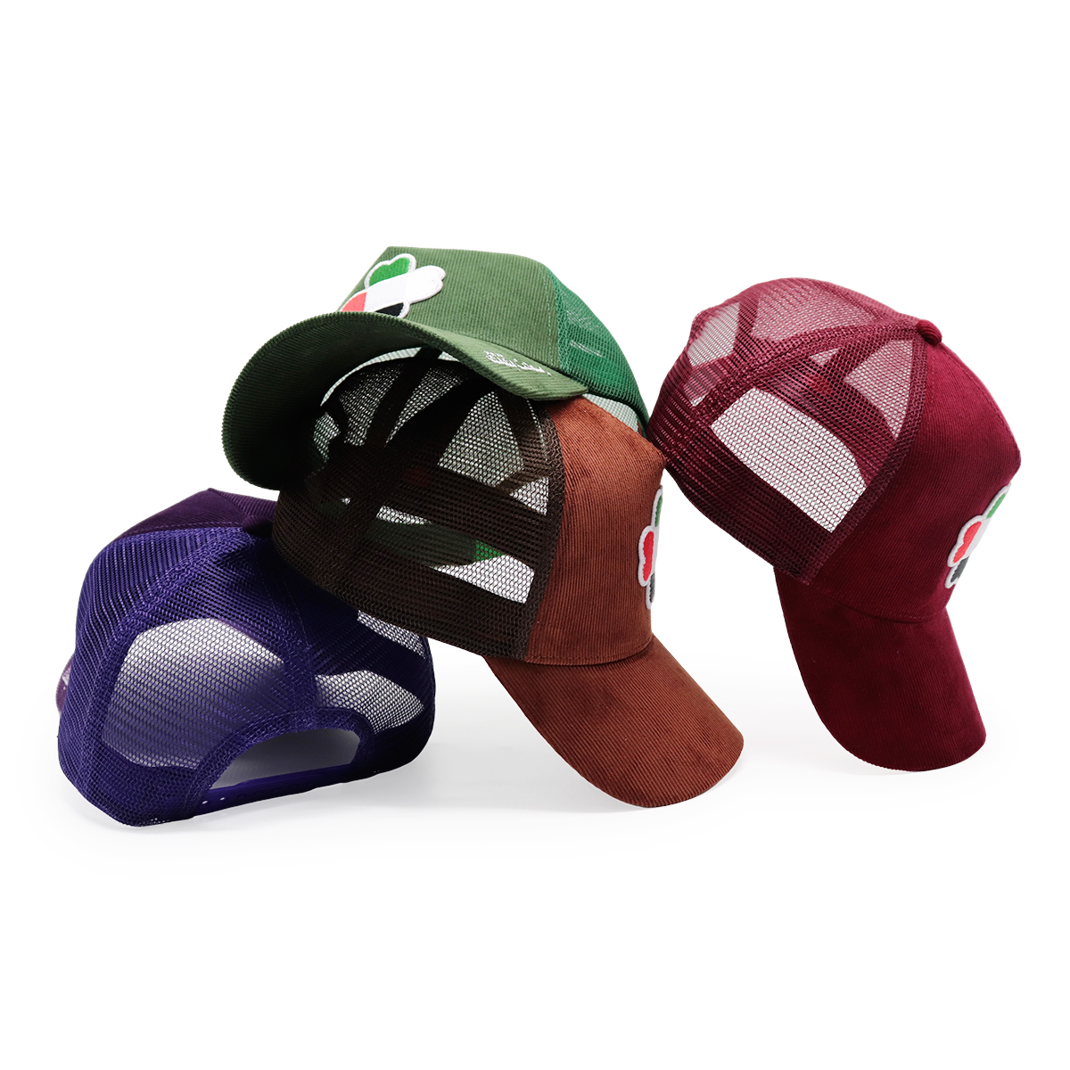 UAE Flag Clover Embroidered Corduroy Mesh Trucker Cap – Four-Leaf Lucky Baseball Hat