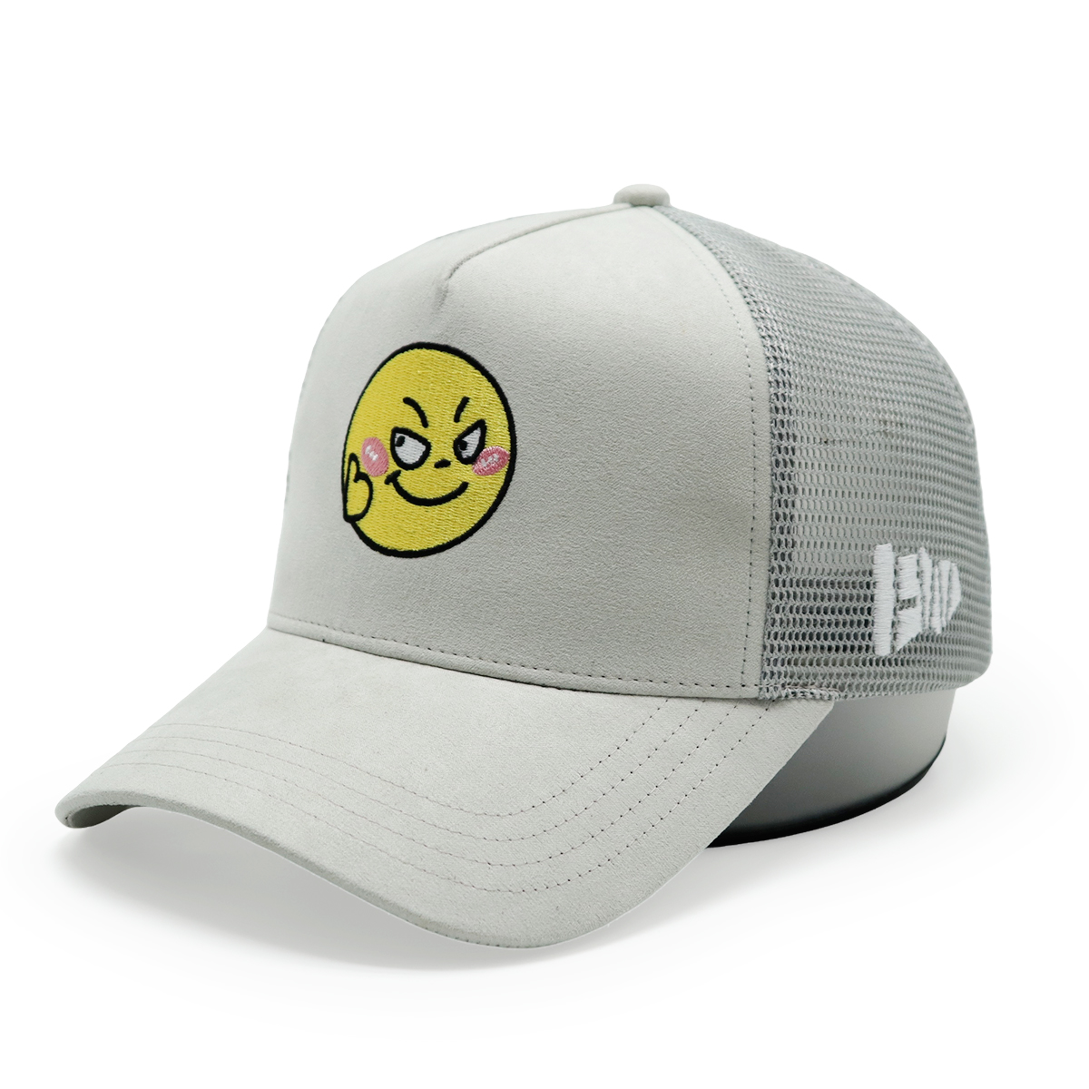Custom Suede Embroidered Trucker Hats – Mesh Snapback Cap with Smiley Face