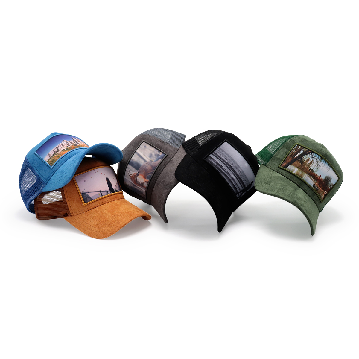 Blue Suede Mesh Trucker Hat – Scenic Patch Baseball Cap, Adjustable Outdoor Cap for Men and Women