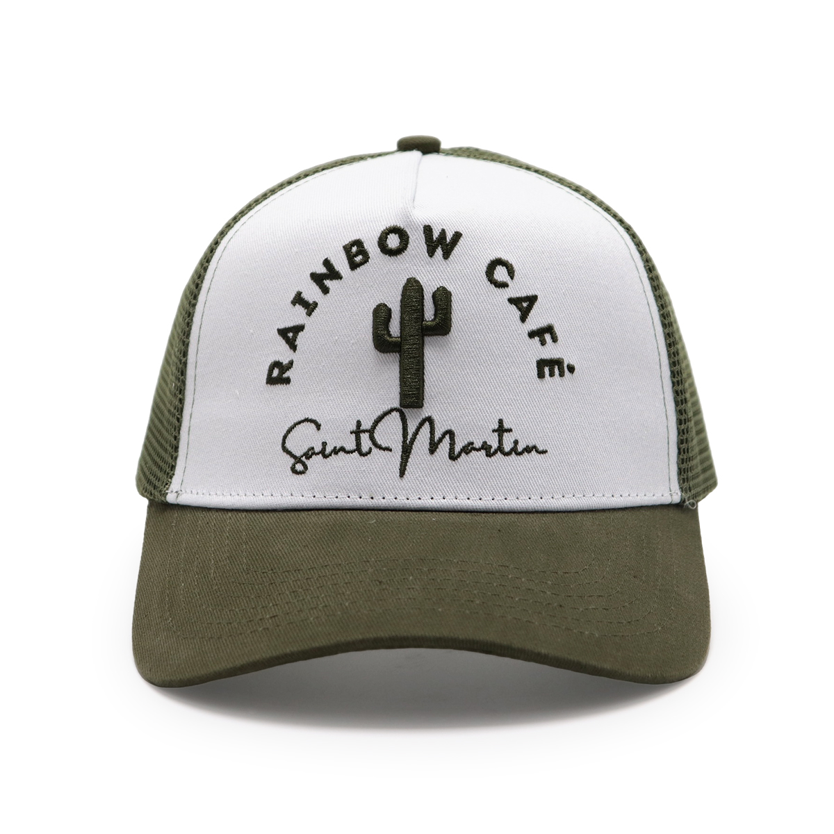 5 Panel Mesh Trucker Cap with 3D Embroidered Rainbow Café Logo – Custom Adjustable Snapback Hat