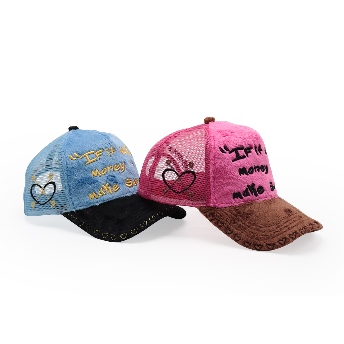 FITWELL Fuzzy Patchwork Trucker Hat – Embroidered Plush Mesh Baseball Cap