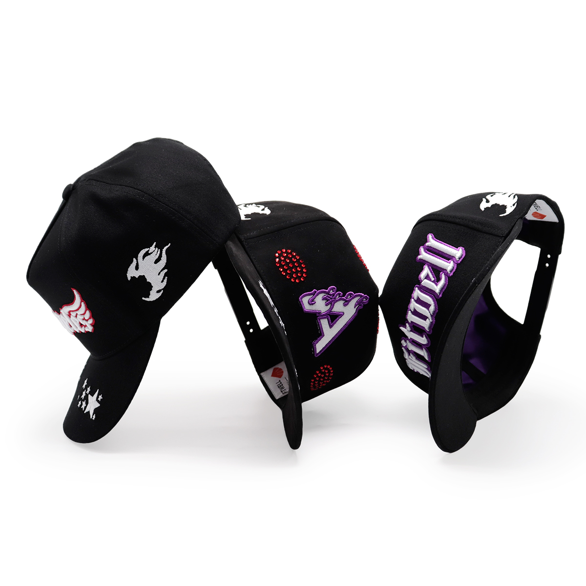 3D Embroidery Logo Black Baseball Caps, Flame & Star Pattern, Adjustable Unisex Hip-hop Cap (Los Angeles / Fitwell / A Letter)