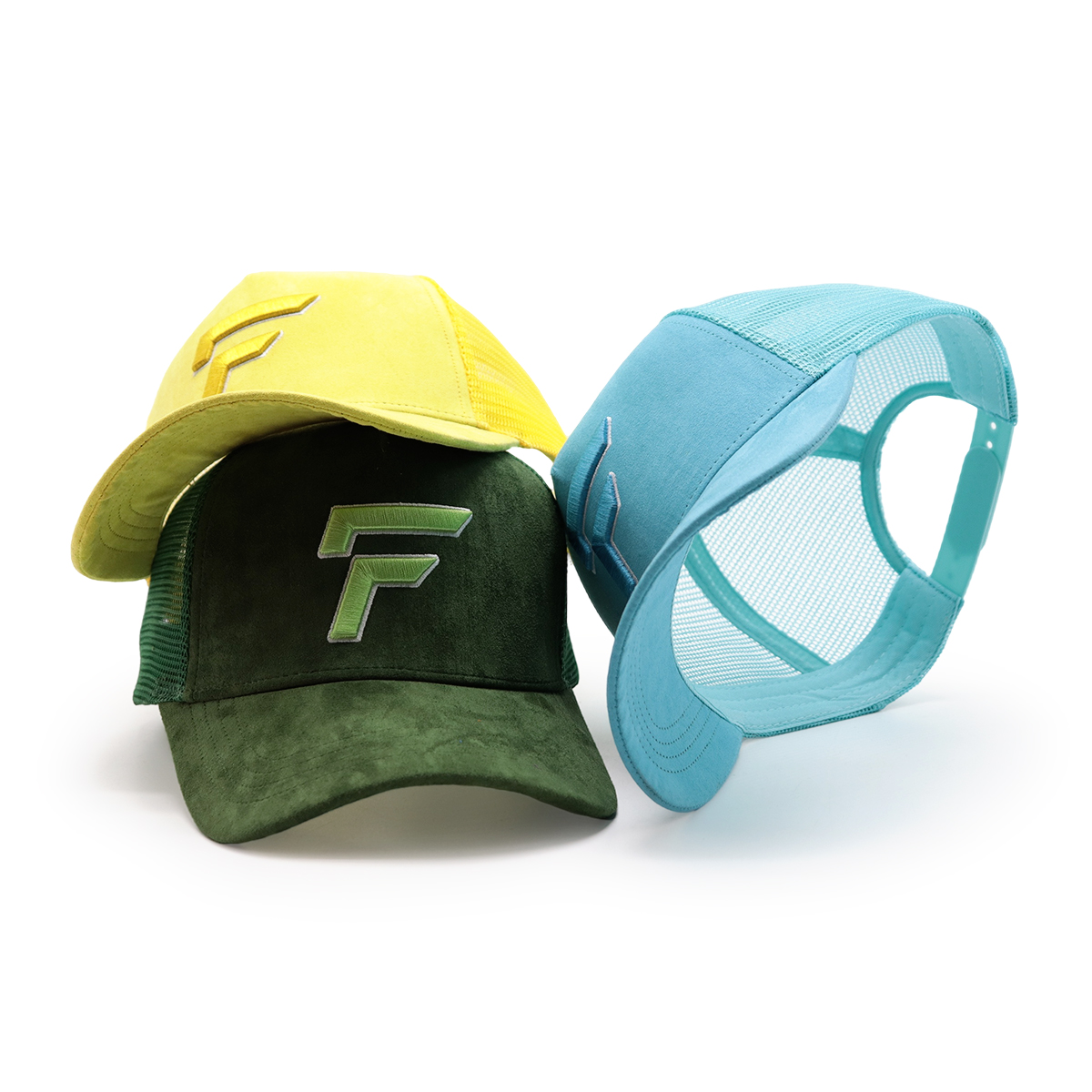 3D Embroidered Suede Mesh Trucker Cap – Multicolor, Raised Logo, Adjustable Snapback, Unisex Streetwear