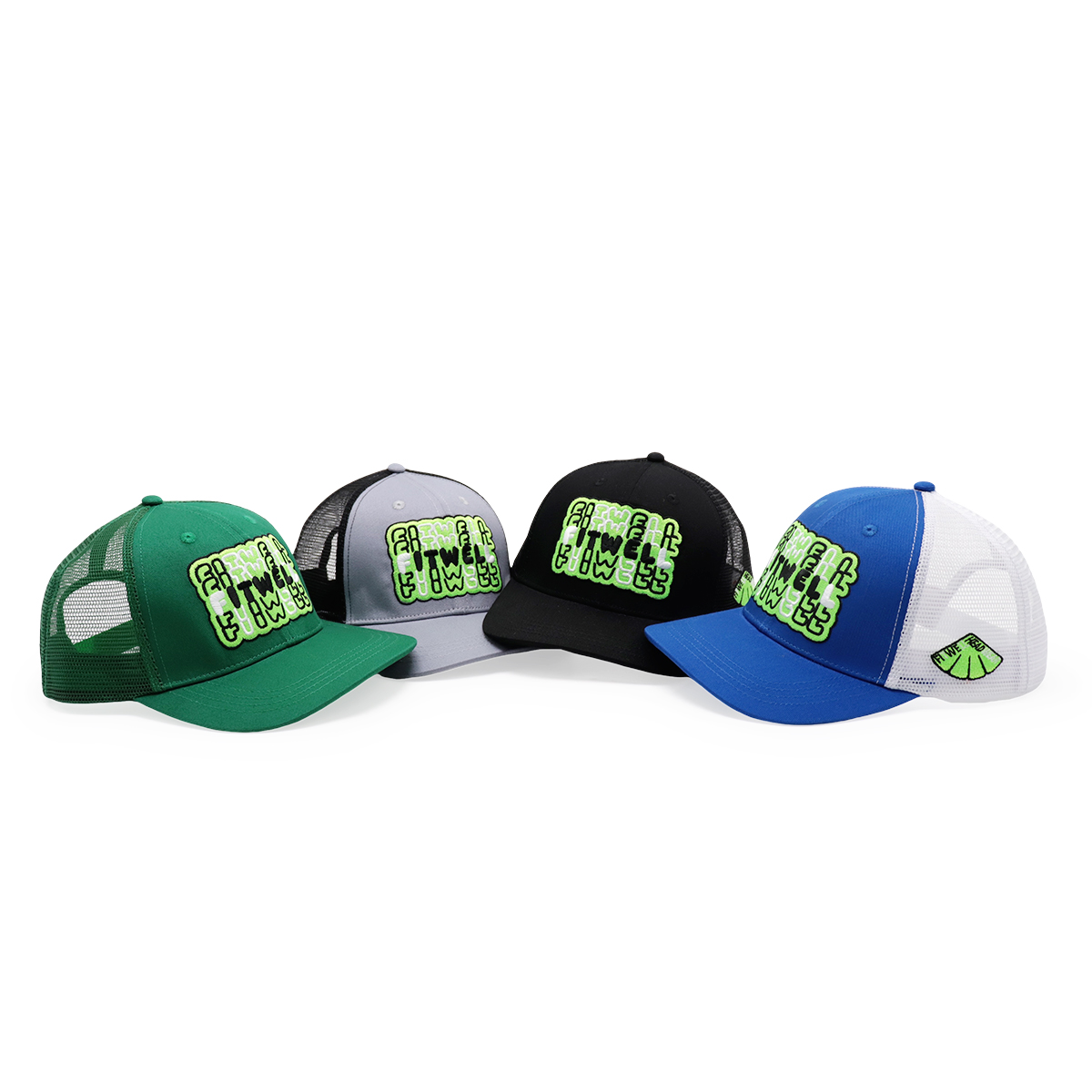 FITWELL Graphic Mesh Trucker Cap – Colorful Adjustable Baseball Hat with Neon 3D Logo (Blue, Green, Black, Gray)