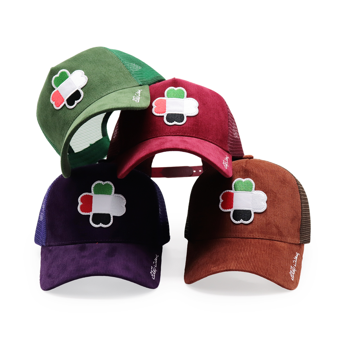 UAE Flag Clover Embroidered Corduroy Mesh Trucker Cap – Four-Leaf Lucky Baseball Hat