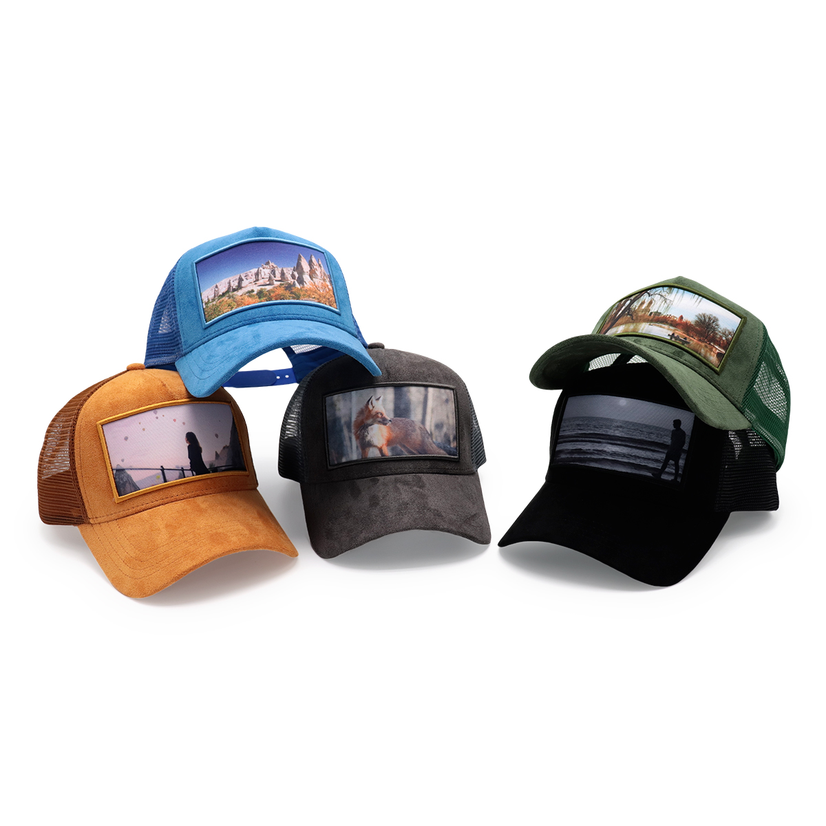 Blue Suede Mesh Trucker Hat – Scenic Patch Baseball Cap, Adjustable Outdoor Cap for Men and Women