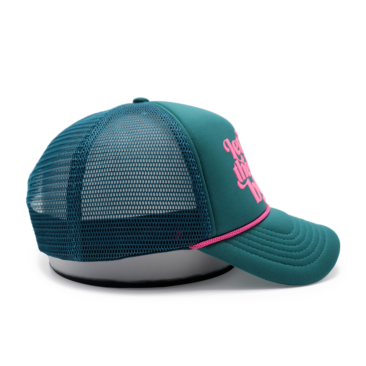 Green Trucker Hat with Puff Print “Let the fun begin” Logo – Retro Mesh Snapback Cap