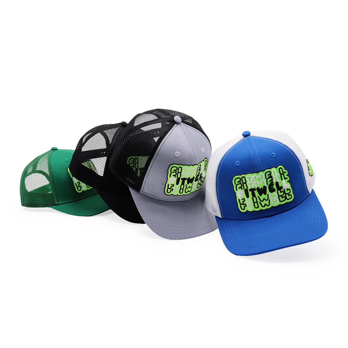 FITWELL Graphic Mesh Trucker Cap – Colorful Adjustable Baseball Hat with Neon 3D Logo (Blue, Green, Black, Gray)