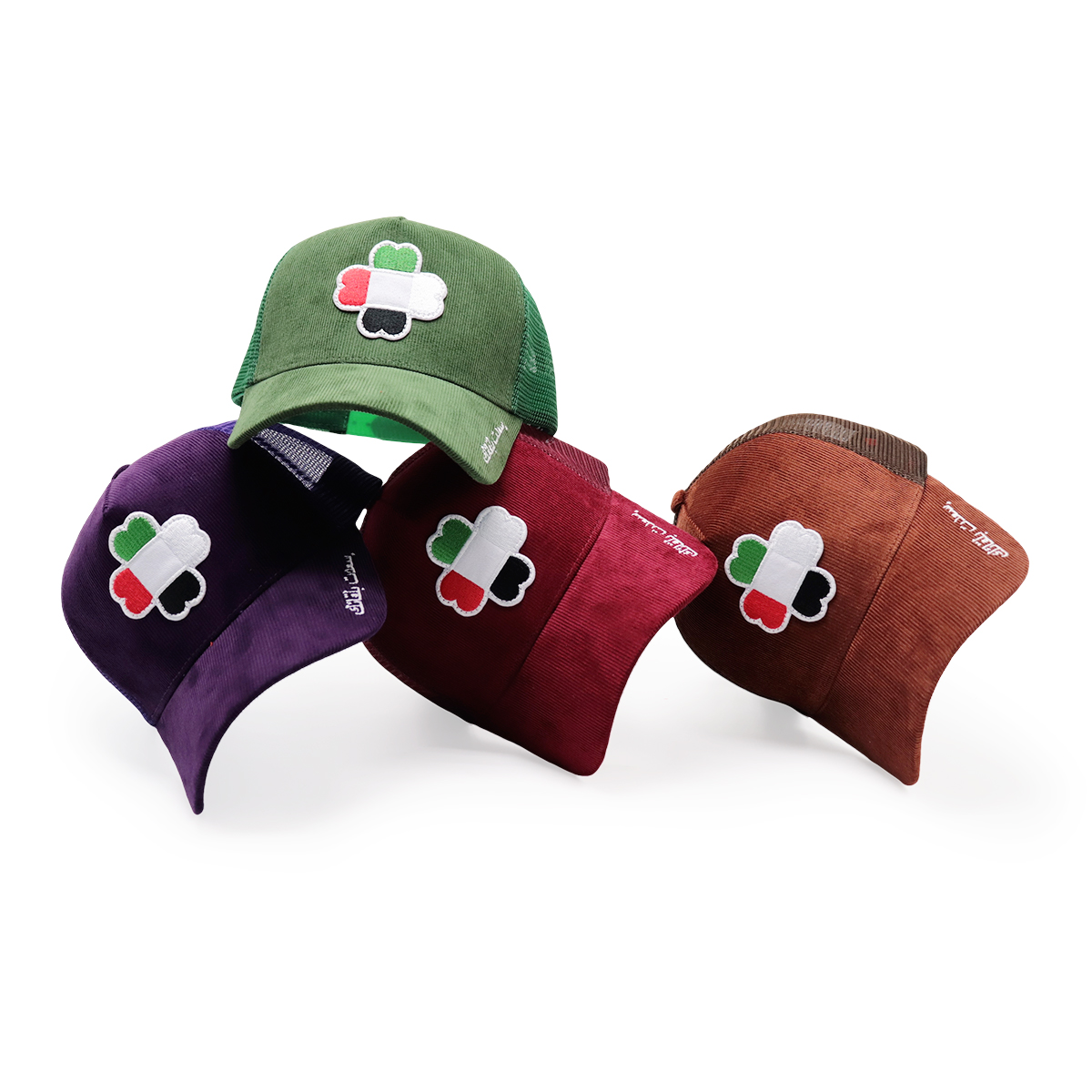 UAE Flag Clover Embroidered Corduroy Mesh Trucker Cap – Four-Leaf Lucky Baseball Hat