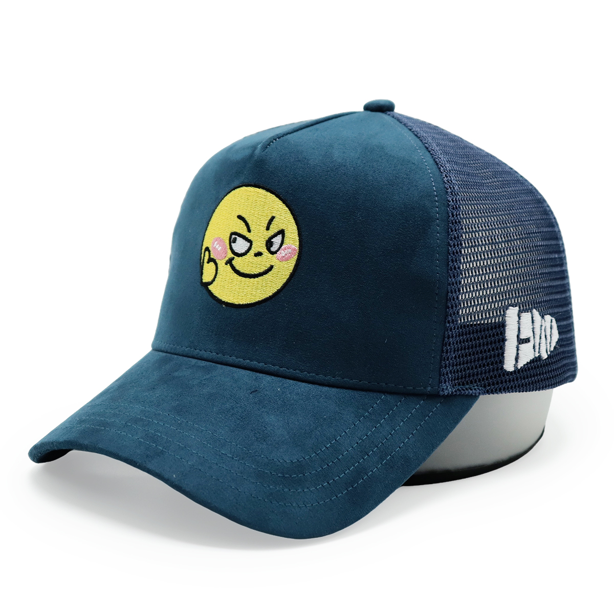 Custom Suede Embroidered Trucker Hats – Mesh Snapback Cap with Smiley Face