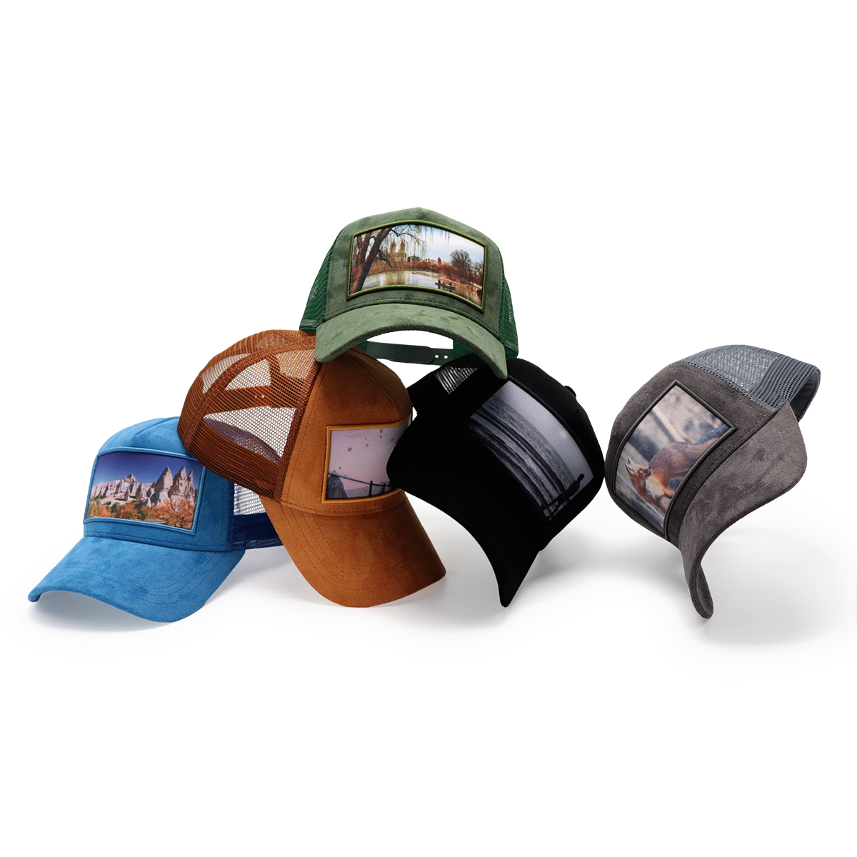 Blue Suede Mesh Trucker Hat – Scenic Patch Baseball Cap, Adjustable Outdoor Cap for Men and Women