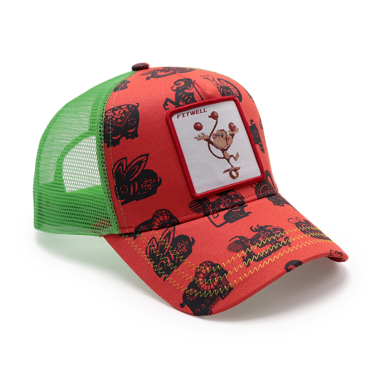 Fitwell Cartoon Monkey Print Trucker Cap Color Block Adjustable Mesh Baseball Hat for Men and Women