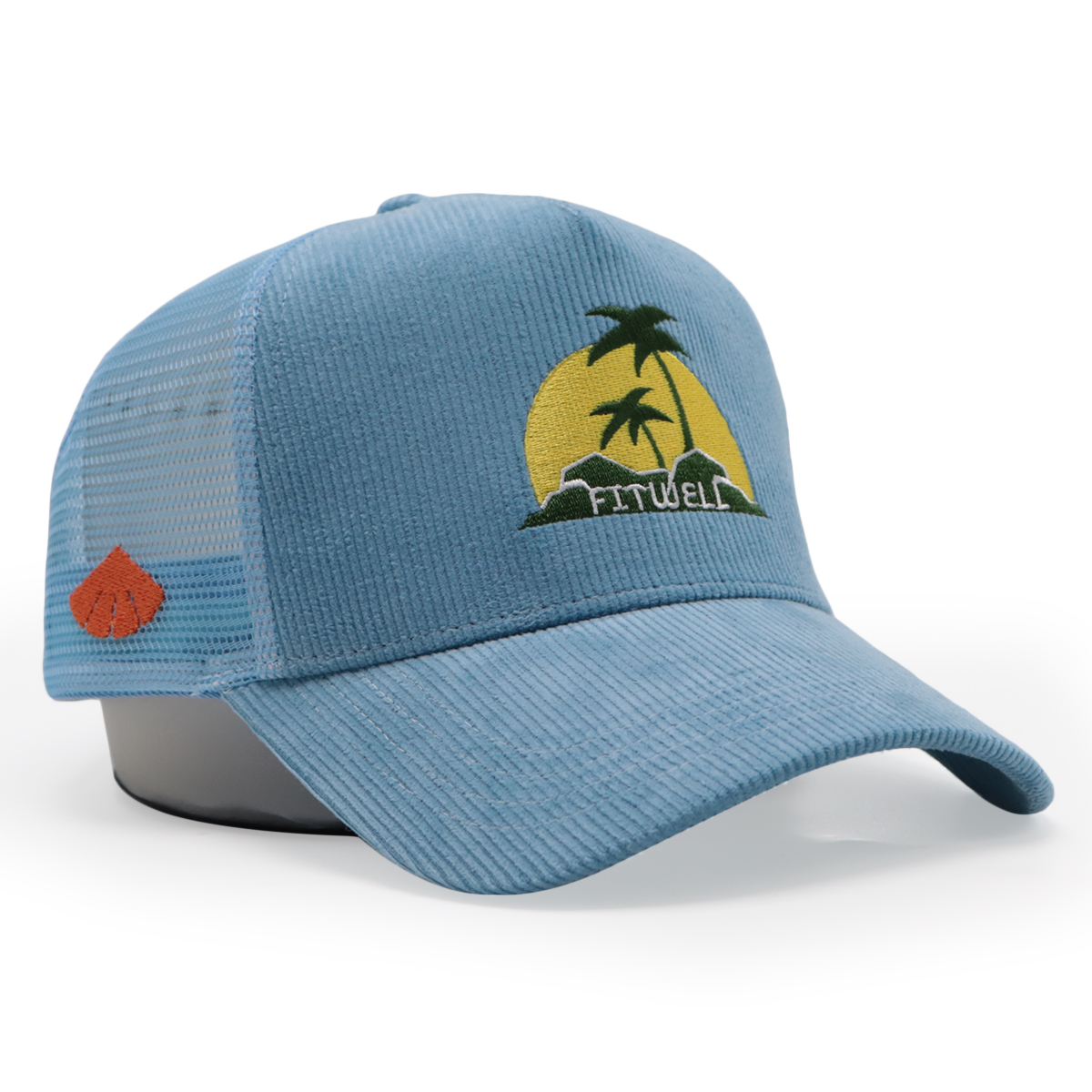 FITWELL Corduroy Mesh Trucker Cap – Embroidered Palm Sunset Logo, Adjustable Retro Hat (Pink, Blue, Green)