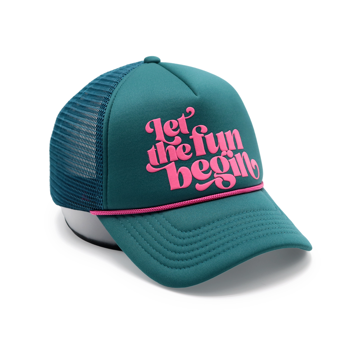 Green Trucker Hat with Puff Print “Let the fun begin” Logo – Retro Mesh Snapback Cap