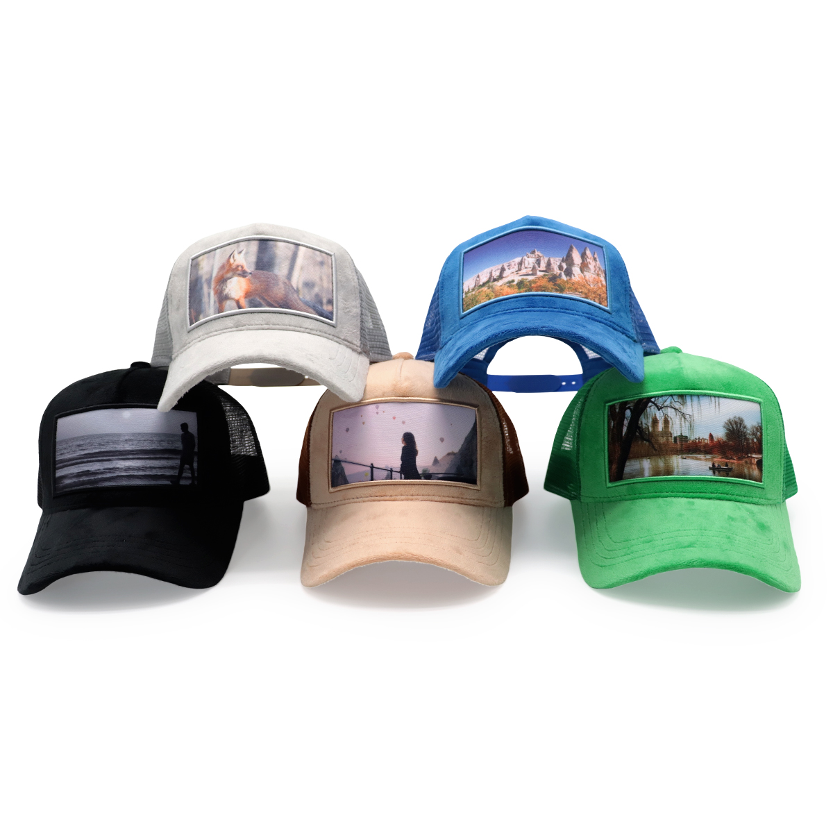 Custom Scenic Photo Suede Trucker Hat – Beige Brown Mesh Snapback Cap, Soft Baseball Hat, Unisex Adjustable