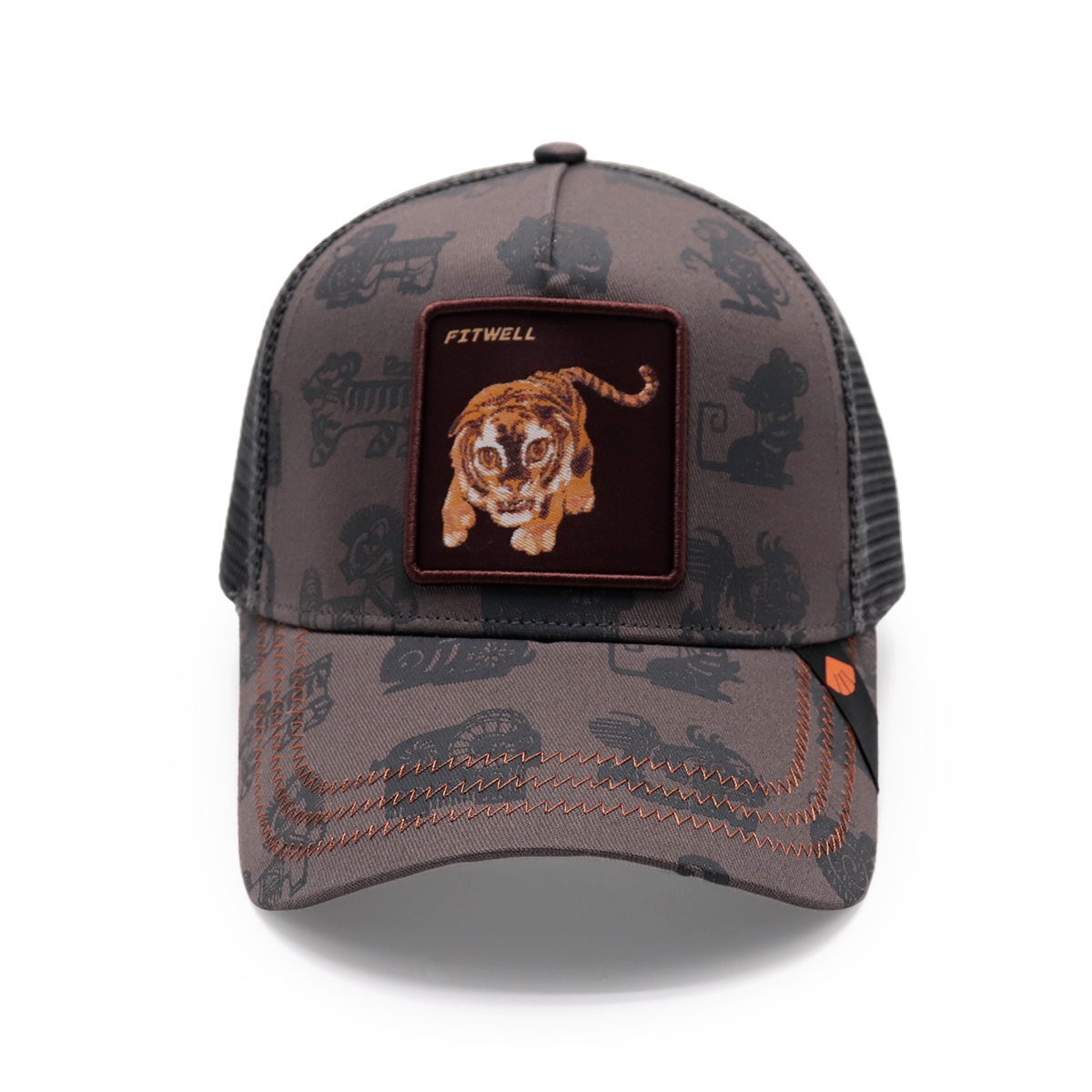 FITWELL Brown Tiger Patch Trucker Hat – Embroidered Animal Mesh Snapback Cap