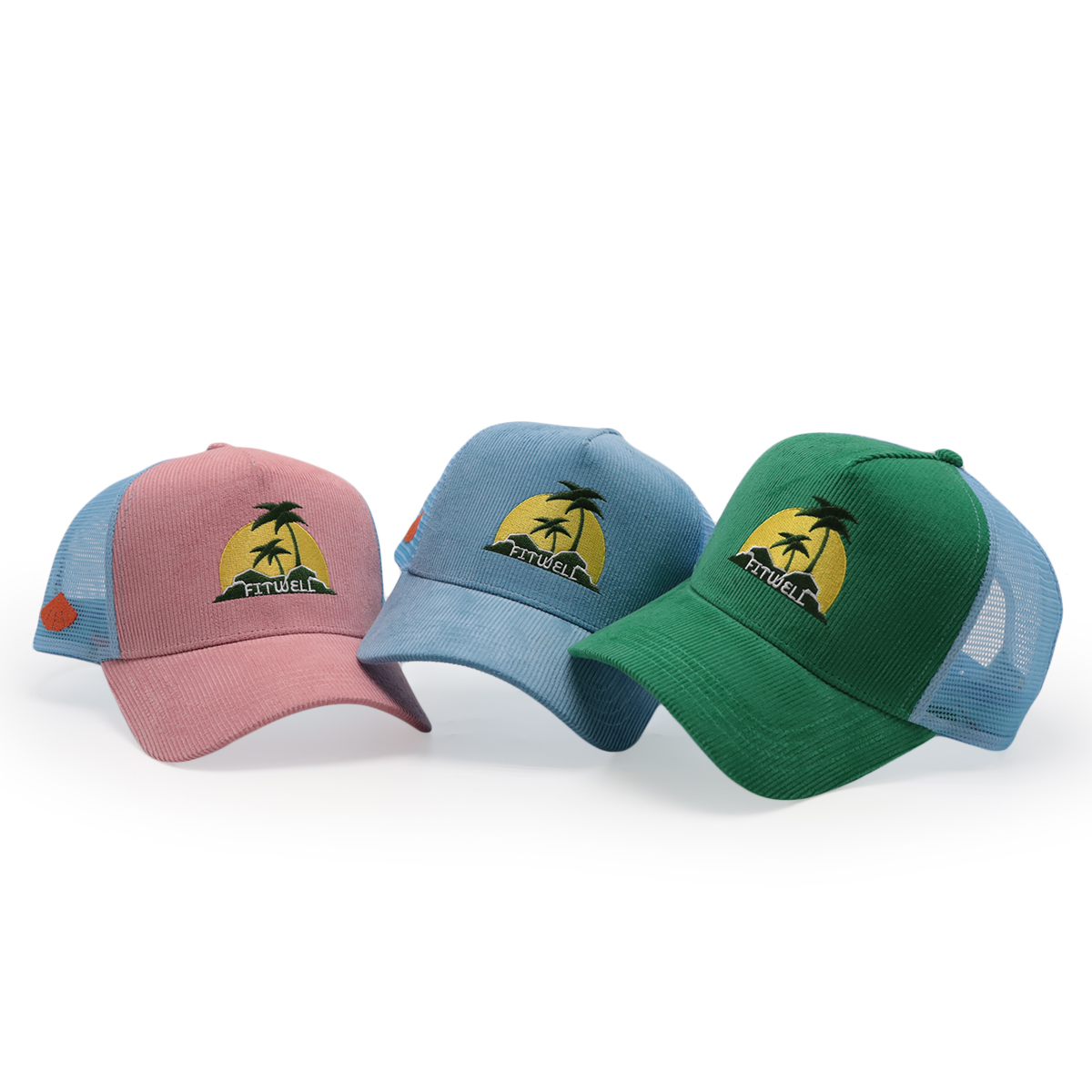 FITWELL Corduroy Mesh Trucker Cap – Embroidered Palm Sunset Logo, Adjustable Retro Hat (Pink, Blue, Green)