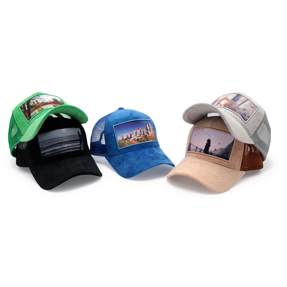 Custom Scenic Photo Suede Trucker Hat – Beige Brown Mesh Snapback Cap, Soft Baseball Hat, Unisex Adjustable