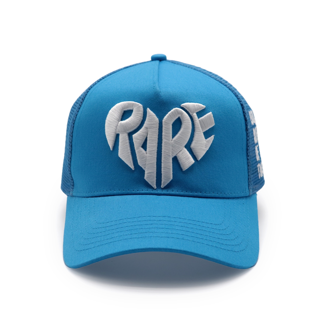 5 Panel Blue Trucker Cap with 3D Embroidered RARE Logo and Curved Brim – Adjustable Mesh Snapback Hat