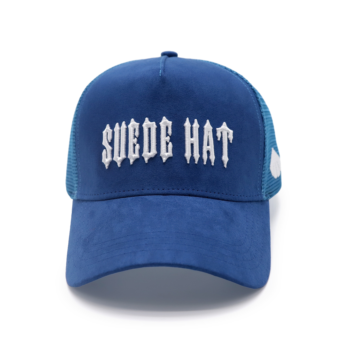 Blue SUEDE HAT Trucker Cap – Gothic Embroidered Faux Suede Mesh Hat