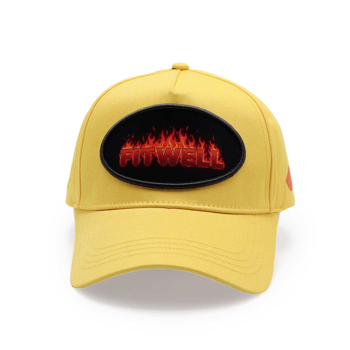 FITWELL Flame Embroidered Baseball Cap, 6-Panel Snapback Hat, Yellow & Black, Unisex Streetwear