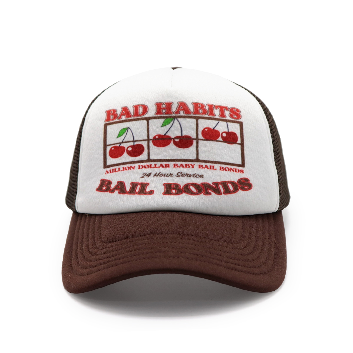Printed Logo Mesh Trucker Cap – Brown & White Retro, Adjustable Snapback, Unisex Streetwear Hat