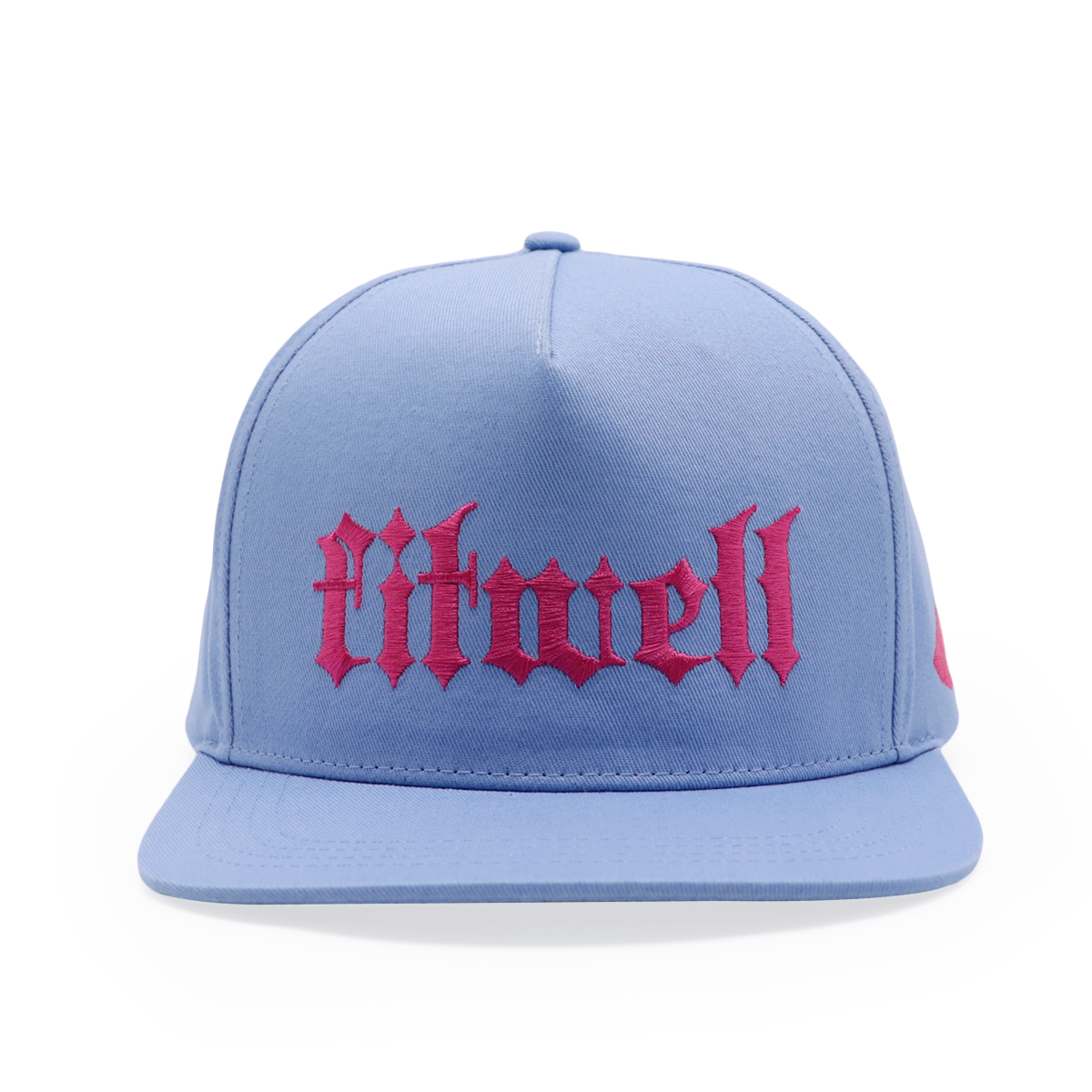 Blue Flat Brim Snapback Cap with Gothic Fitwell Embroidery