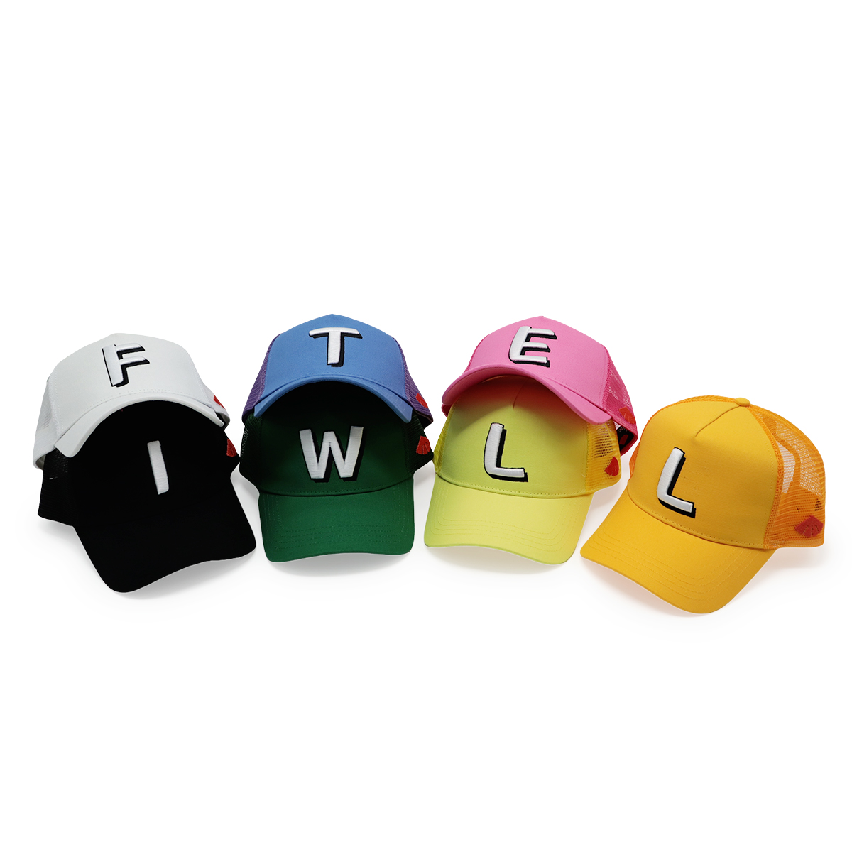 Colorful FITWELL Mesh Trucker Cap Set – 3D Letter Patch Baseball Hats (7 Styles)