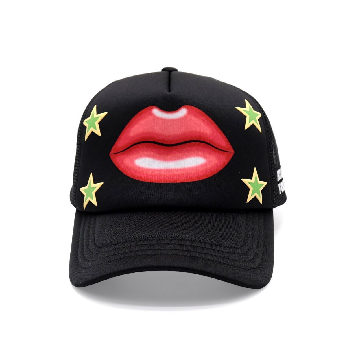 Fashion Black Trucker Cap with Red Lips and Green Star Pattern