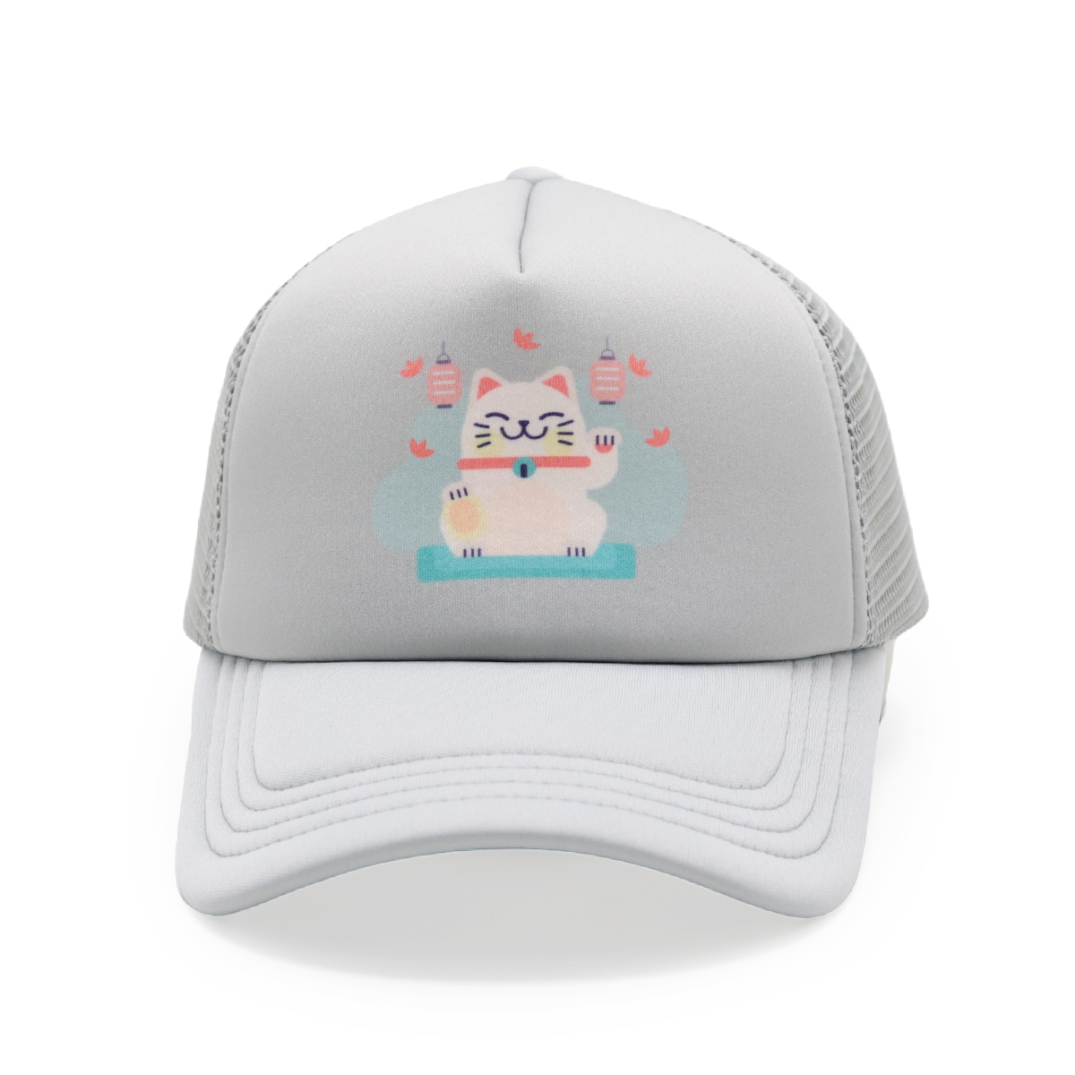 Cute Lucky Cat Print Mesh Trucker Cap – Colorful Cartoon Snapback Hat